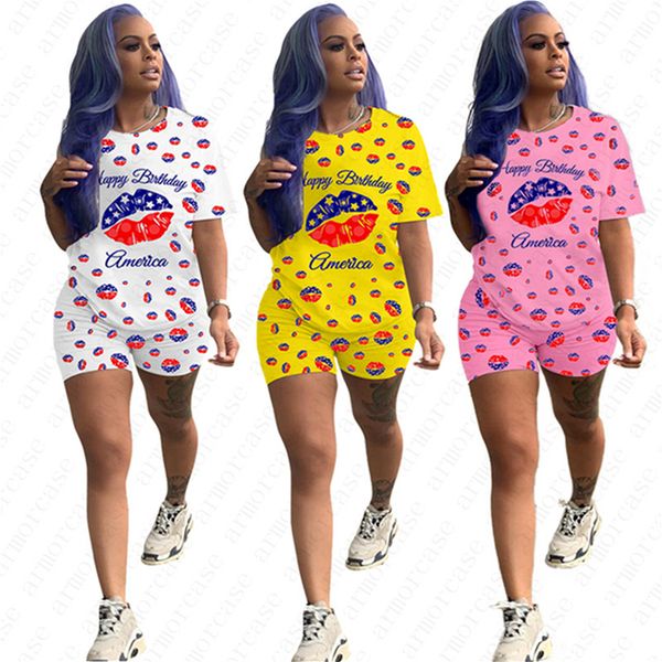 

women two piece outfits designer letters american independence day lip printing short sleeve t shirt shorts set sports suit d52512, White