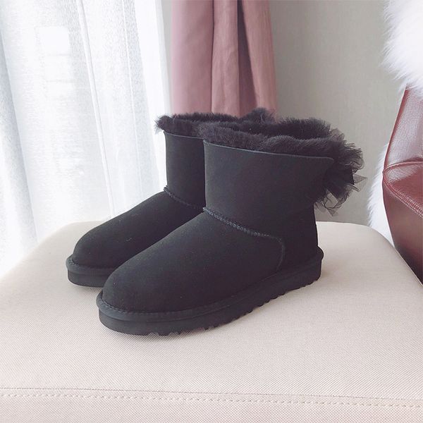 

2019 brand women snow boots with bow,100% natural sheep leather and sheep fur,watperproof shoes, Black;grey