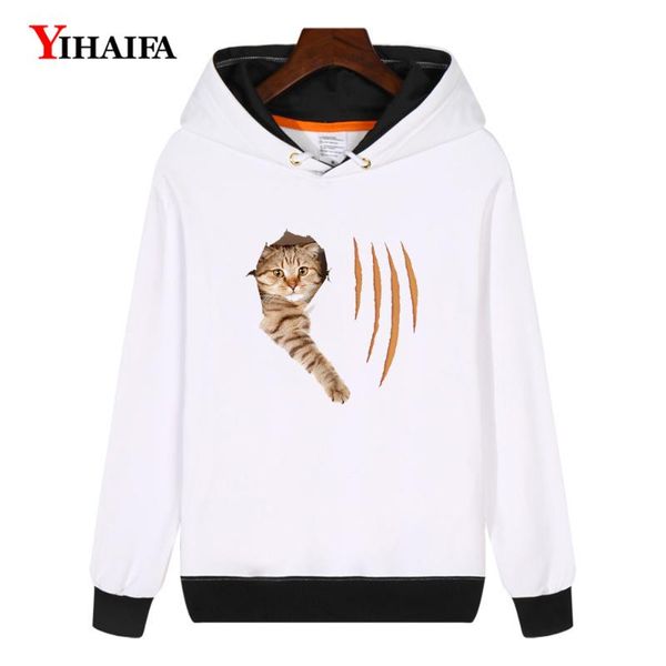 

yihaifa женщины толстовки зима ватки фуфайки kpop harajuku cat printed пуловер смешные животных с капюшоном толстое пальто tops, Black