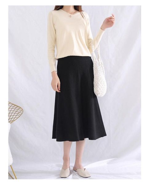 

autumn 2020 new bust renaissance dress wool knitted with a large waist for women a word pure color wool high-waisted skirt, Black