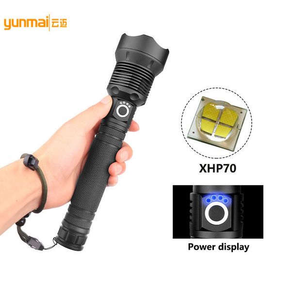 

cross border new pattern usb charge electricity display aluminium alloy xhp70 high-power flexible zoom outdoors flashlight