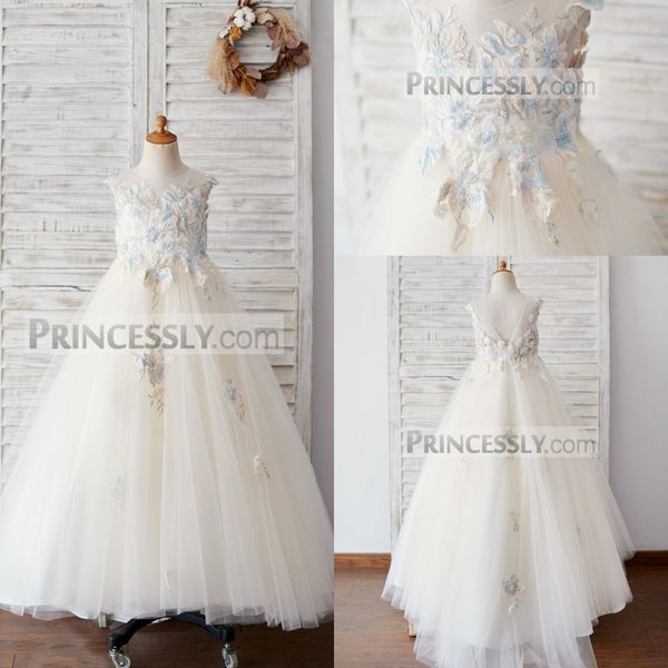 

modest ball gown flower girl dress jewel neck sleeveless hade made flower wedding dress floor length girl' birthday part, White;blue