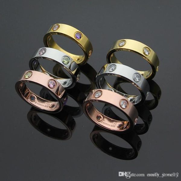 

fashion brand jewelry men / women full colorful diamond love ring gold 3 color couple ring titanium steel high polished lover rings, Silver