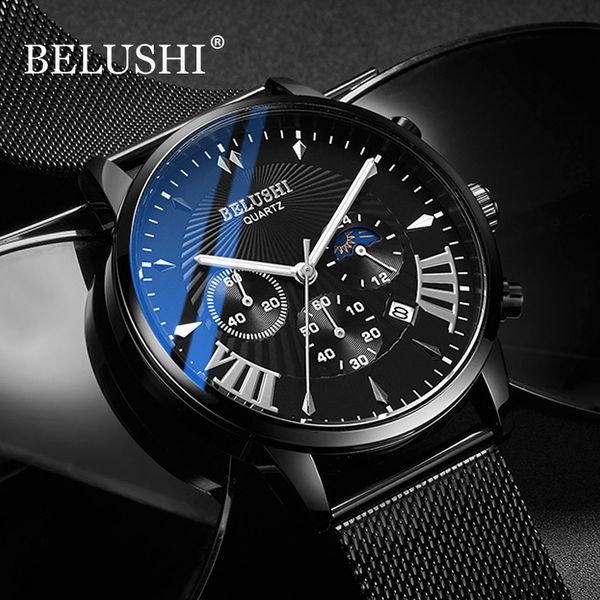 

belushi wristwatch mens quartz chronograph black students watches fashion luminous waterproof blue watch sale, Slivery;brown