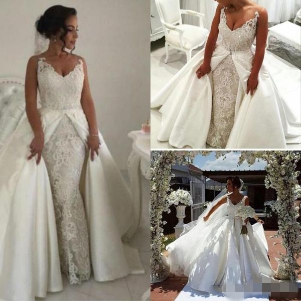 

2020 arabic lace wedding dresses overskirt detachable train straps applique custom made satin plus size wedding gown vestido de novia, White