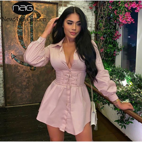 

newasia long sleeve shirt dress with corset belt casual dress women vintage dress pink fashion party dresses white 2020 new, Black;gray
