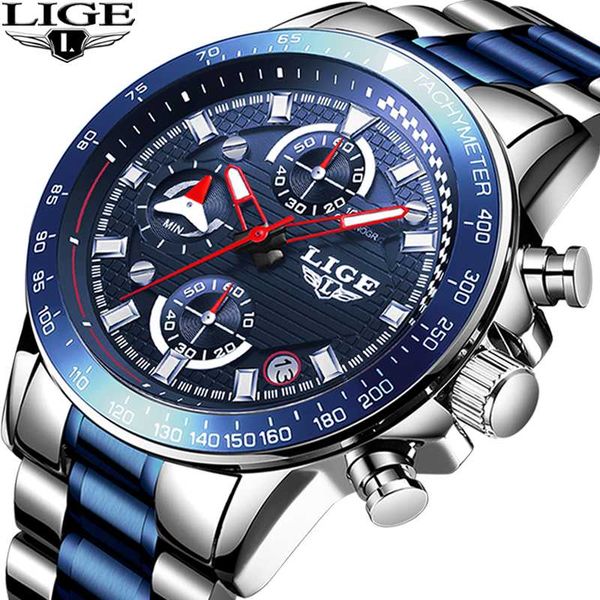 

lige 2020 new fashion mens watches with stainless steel sports chronograph quartz watch men relogio masculino, Slivery;brown