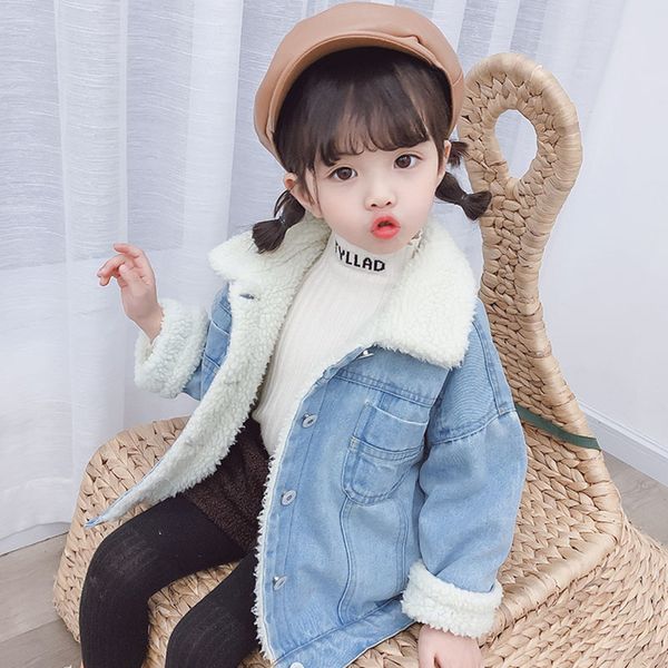

2020 autumn baby girl pearl lace design denim jacket coat outdoor long sleeve outerwear, Blue;gray