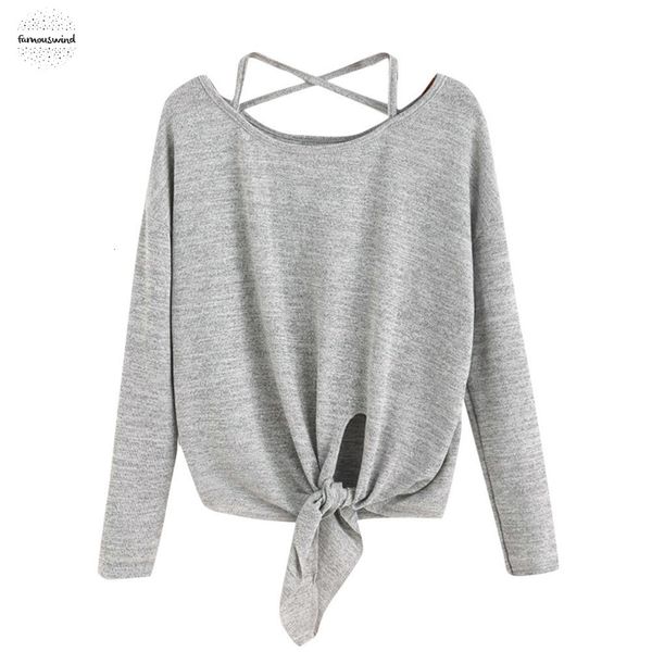 

женщины tee топы и блузки с длинным рукавом o шеи sexy backless бинты осень blusas mujer moda de new feminina femme, White