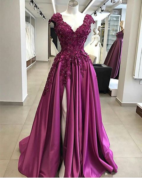 

2020 New Grape Satin Sexy V neck Side Slit Prom Dresses Cap Short Sleeves lace Applique Beaded Sequins Aline Evening Formal pageant Dress, Black