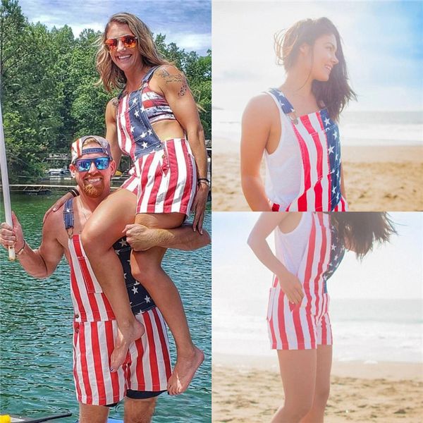 

new women men overalls shorts us flag printed lovers couple streetwear jumpsuit jeans short pants trousers plus size, Blue