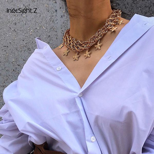 

ingesight.z punk multi layer miami curb cuban thick chunky choker necklace stetement starfish pendant necklace for women jewelry, Silver