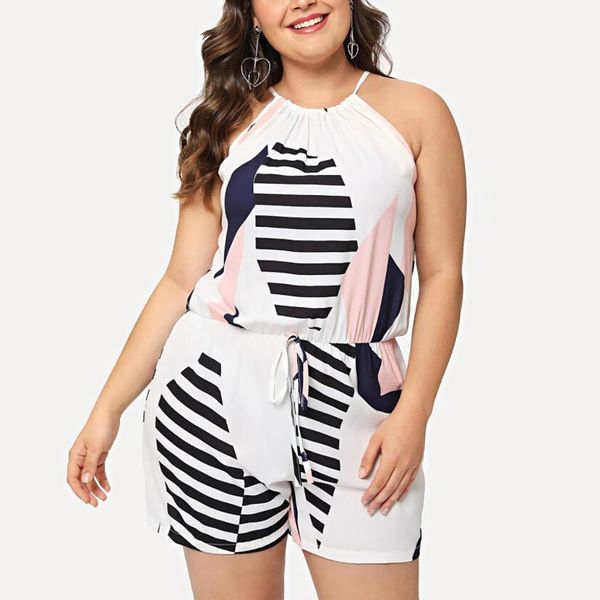 

plus size 2019 new women's romper jumpsuit casual striped sleeveless camisole rompers short jumpsuit for holiday playsuit#d, Black;white