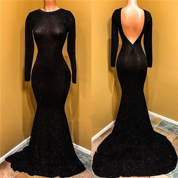 

2019 black open back long sleeves prom dresses crew neck mermaid sequin plus size fashion evening gowns bc1099