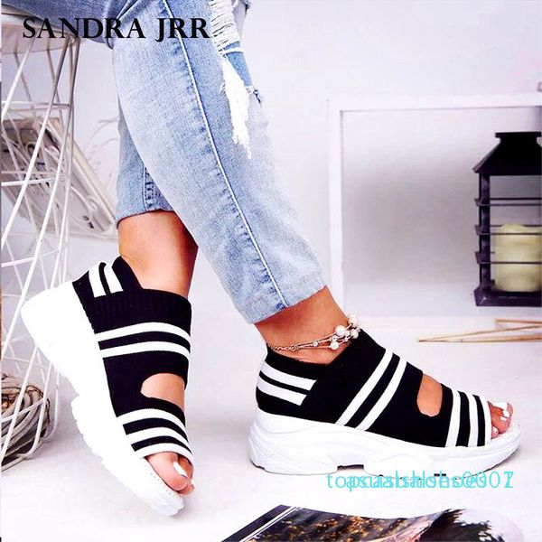 

sandra jrr women sandals summer wedges heel knit fabric shoes peep toe slip on stretchy shoes summer sneakers plus size female, Black