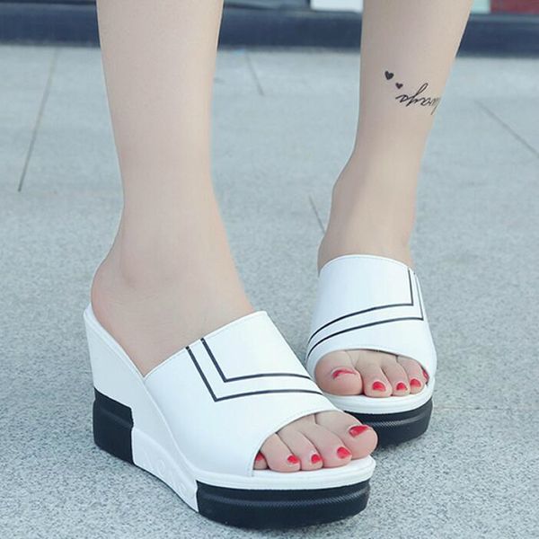 

2019 female slippers summer shoes woman fashion wear room with all-match muffin bottom slope thick soled sandals tide w209, Black