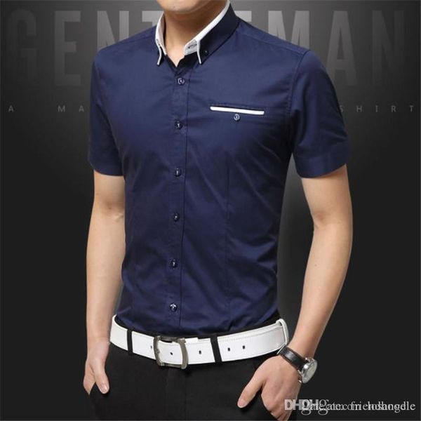 

lapel neck slim solid color mens shirts with pockets short sleeve mens casual shirts business teenager handsome, White;black