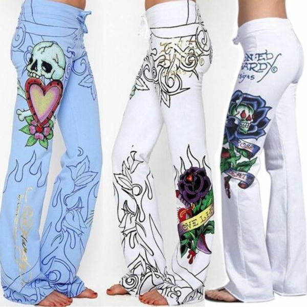 

harjauku high waist wide leg pant summer women baggy skull rose printed pants slim hippie boho trousers streetwear plus size, Black;white