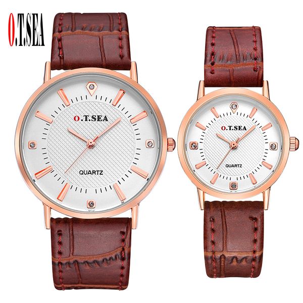 

luxury o.t.sea leather pair watch men women lover couple crystal dress quartz wristwatches 6688-6, Slivery;brown