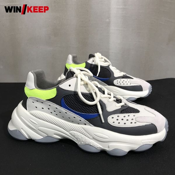 

brand mens thick platform outdoor jogging sports shoes athlete gym genuine leather patchwork sneakers male lace up running shoes