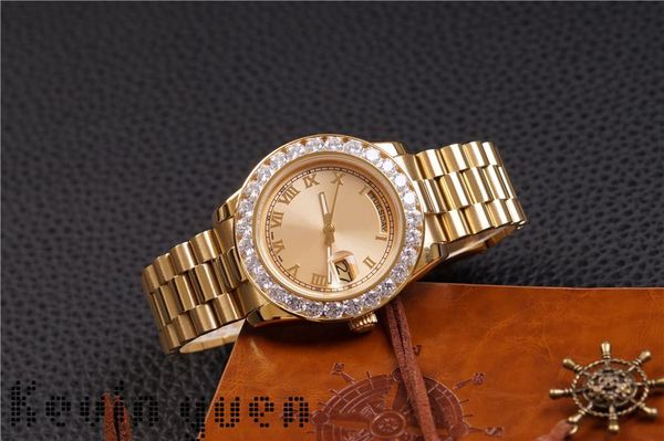 

Nwe Mens Watch Women Big Diamonds Day-Date Gold Stainless Steel President Automatic Mechanical Wristwatch gold Mens Reloj Luxury Watch Party