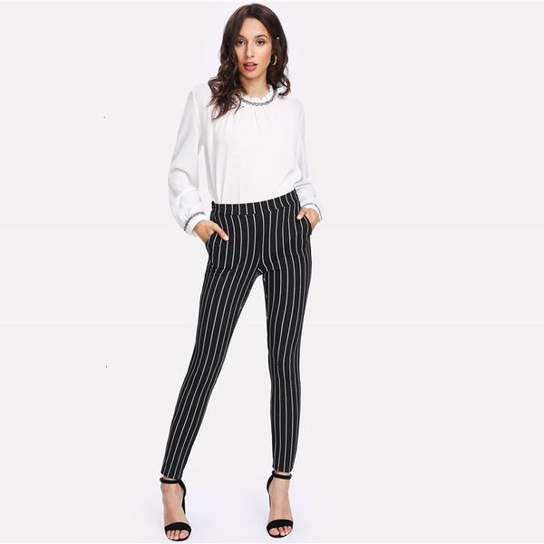 

women designer pants vertical striped skinny pants women elastic waist ol style work trousers spring mid striped waist long pencil pants, Black;white