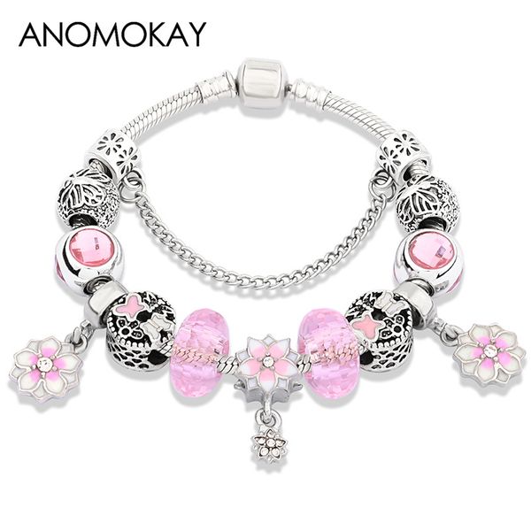 

cute pink white enamel cherry blossoms pendant charm bracelet silver butterfly flower diy women bead bracelet pulseira feminina, Golden;silver