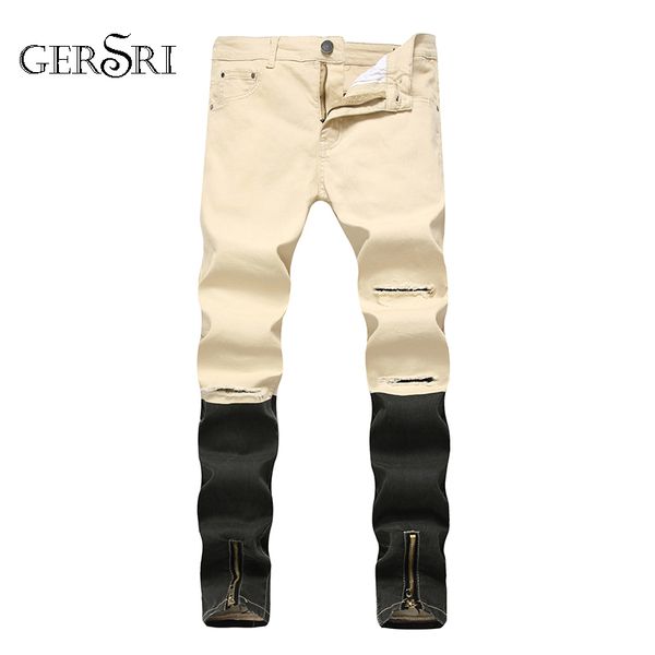 

Gersri Straight Jeans Men Fashion Denim Pants Patchwork Streetwear Mens Ripped Zipper Jeans Plus Size Male Hole Trousers Cotton