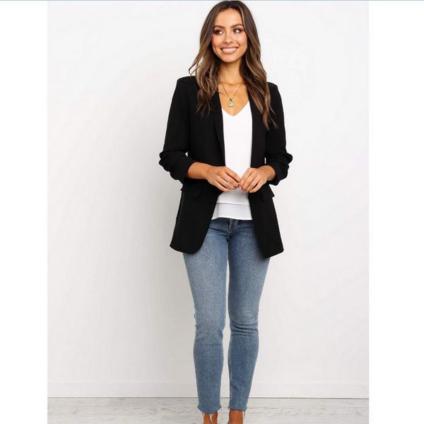 

women's vests autumn elegant suit womens long sleeve slim lapel blazer solid color cardigan coat fashion ladies work jacket formal, Black;white