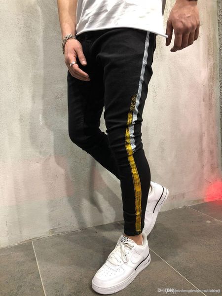 

джинсы для мужчин одежда black байкер side stripes homme pantalones дизайнер одежды карандаш штаны, Blue