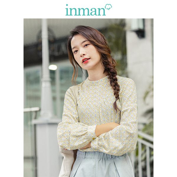 

inman 2020 spring new arrival literary o-neck loose long sleeve women blouse, White