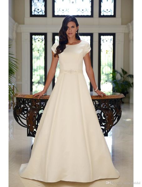 

Простые атласные A-line скромные свадебные платья с рукавами из бисера кнопки ремня