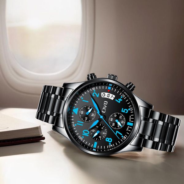 

civo new sport mens watch waterproof stainless steel buckle watches multifunctional chronograph wristwatch outdoor clock cool, Slivery;brown
