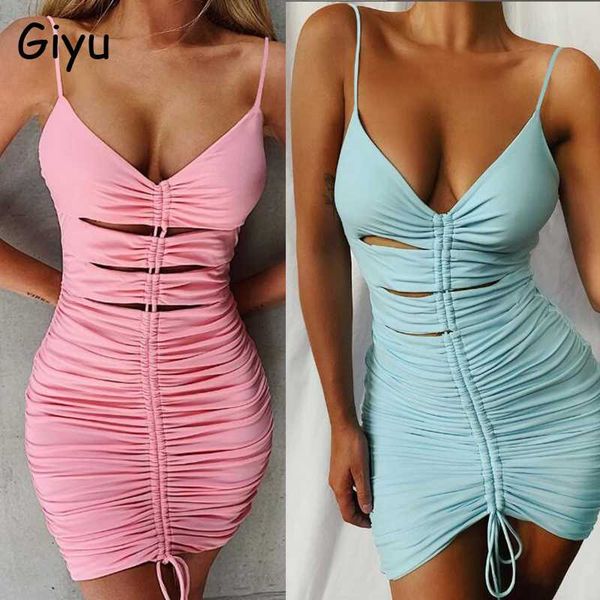 

giyu club party dress women 2020 summer spaghetti strap v neck hollow drawstring ruch bandage dresses backless mini vestido, Black;gray