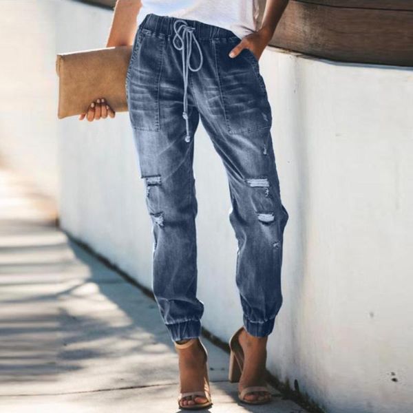 

2019 womans jeans ripped hold jeans for women casual high waist denim long trousers ladies loose beam foot pants mujer, Blue