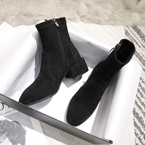 

hkxn 2019 autumn and winter new fashion square head thick with short boots net red was thin boots thin, Black