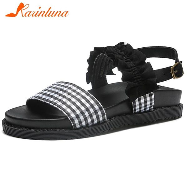 

karin new arrivals 2020 wedge heels comfortable sandals woman shoes open toe buckle strap ruffles shoes women sandals, Black