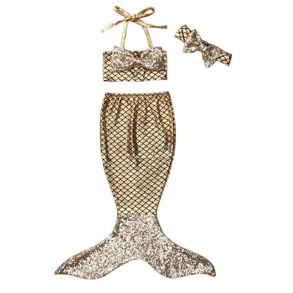 

3pcs children kids girl cute halter bow mermaid tail bikini sets swimsuit beach fancy dress party cosplay costume, White