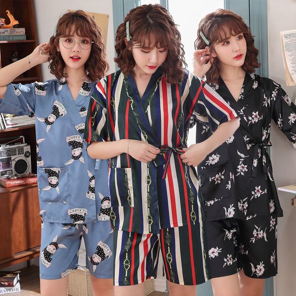 

silk satin shorts kimono pajama sets for women 2019 summer short sleeve pyjama sleepwear homewear pijama mujer clothes home suit, Blue;gray