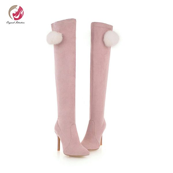 

original intention sweet winter over-the-knee boots woman pointed toe thin heels boots fashion pompon shoes woman plus size, Black