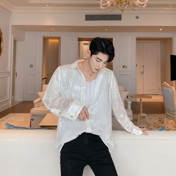 

mixcubic 2019 spring summer british style unique sequin design shirts men casual loose sequin shirts for men,size -xxl, White;black