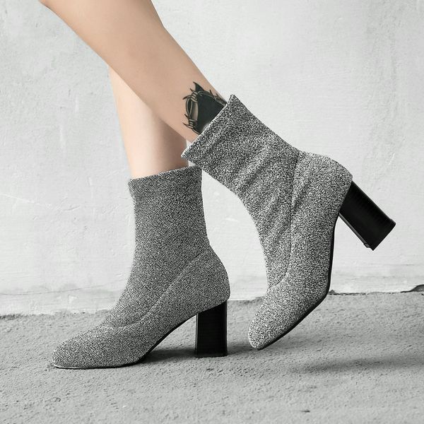 

2018 socks boots women high heels ankle boots stretch fabric fshion autumn winter stretch round toe shoes woman size 34-43, Black