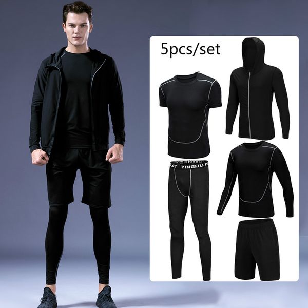 

quick dry men's running sets 5pcs/sets compression sport suits basketball tights gym fitness workout sportswear hooded clothes, Black;blue