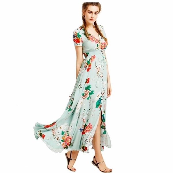 

floral long dresses women summer dress maxi sundress button up split print flowy evening party dresses vestidos, Black;gray