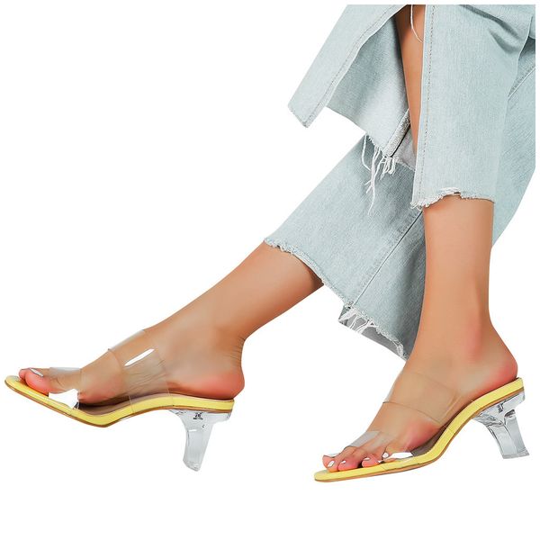 

women's fashion square high heeled sandals ladies open-toe transparent slippers clear slip-on block heels sandals x1211, Black