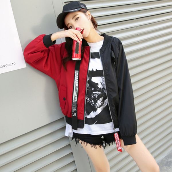 

ropalia patchwork casual bomber jacket color block women two tone patch back autumn jackets letter ribbon zip up jacket, Black;brown