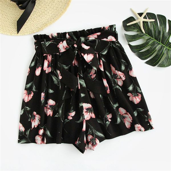 

zogaa women shorts floral printed mid waist elastic loose shorts summer beach workout wide leg belted casual, White;black
