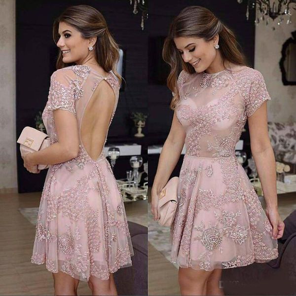 

sweet dusty pink mini homecoming dresses jewel neck short sleeve a-line prom gown lace appliques short cocktail dress, Blue;pink