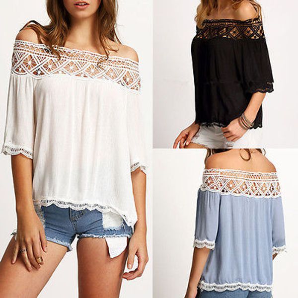 

NEW Fashion Women Sexy Off Shoulder Casual Short Sleeve Lace Slimming Shirts Top Blouses