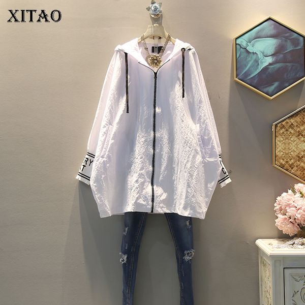 

xitao tide patchwork letter black white jacket women clothes fashion plus size zipper full sleeve hooded collar coat gcc1819, Black;brown